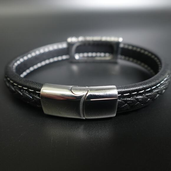 Stainless Steel & Leather Bracelet w/ Turquoise Stone SBR-6746 - Picture 3 of 10